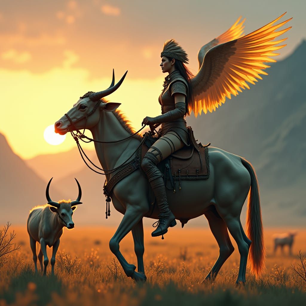Majestic Bird Rider and Cow in Earthy Tones