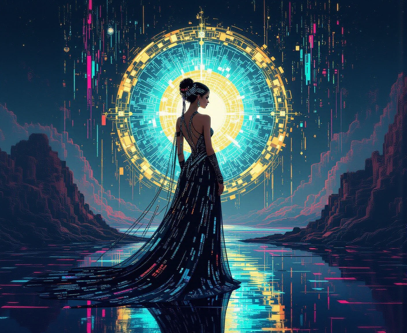 Digital Oracle Before Portal, Binary Gown, Otherworldly Glow