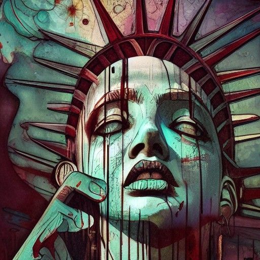 Lady Liberty Crying Blood: Detailed Ink Illustration