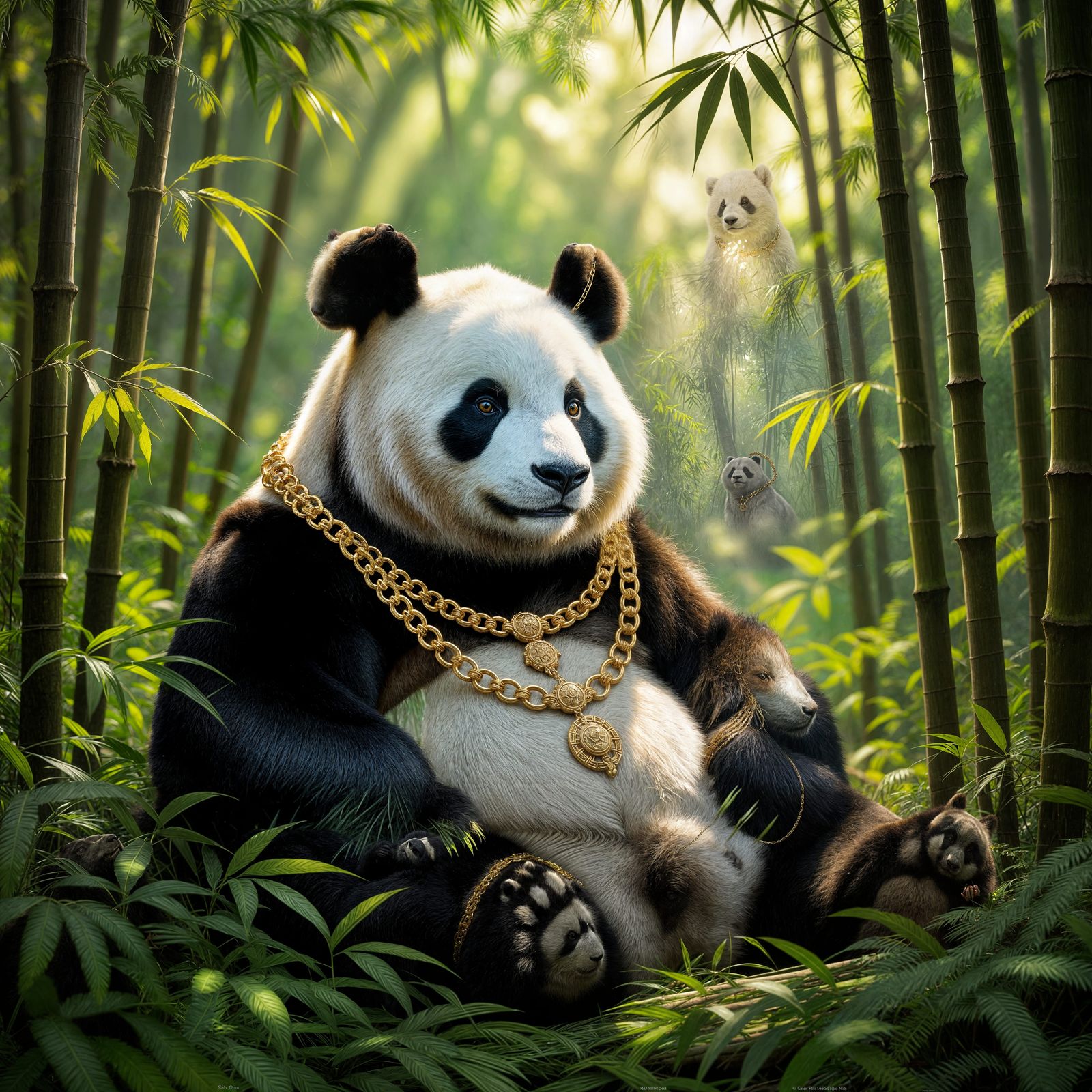 Panda in Golden Chains in Bamboo Forest, Baroque Style