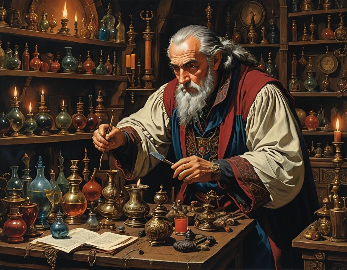 Prague Cabalist's Alchemical Workshop: Detailed Matte Painti...