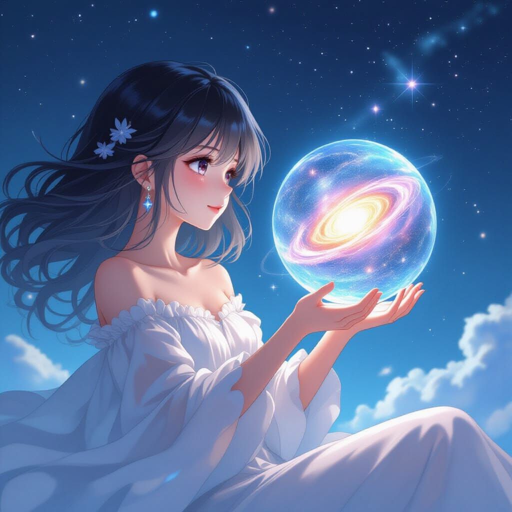 Anime Girl Holds Miniature Universe in Deep Space