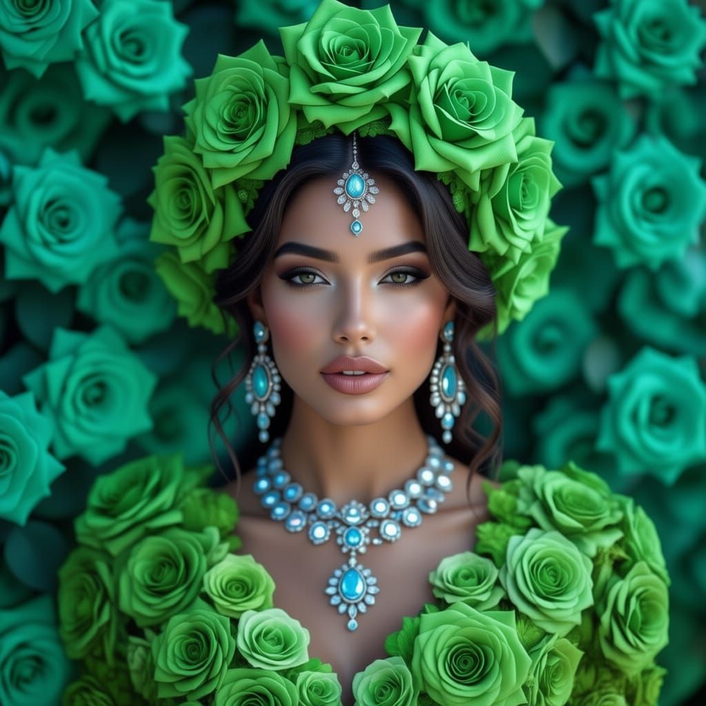 Black Woman Adorned in Green Rose Floral Attire