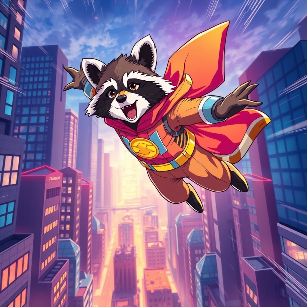 Anime Raccoon Superhero Soaring Through Cityscape