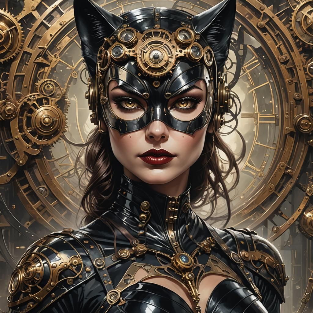 Steampunk Cat Woman in Sinister, Hyper-Detailed Style