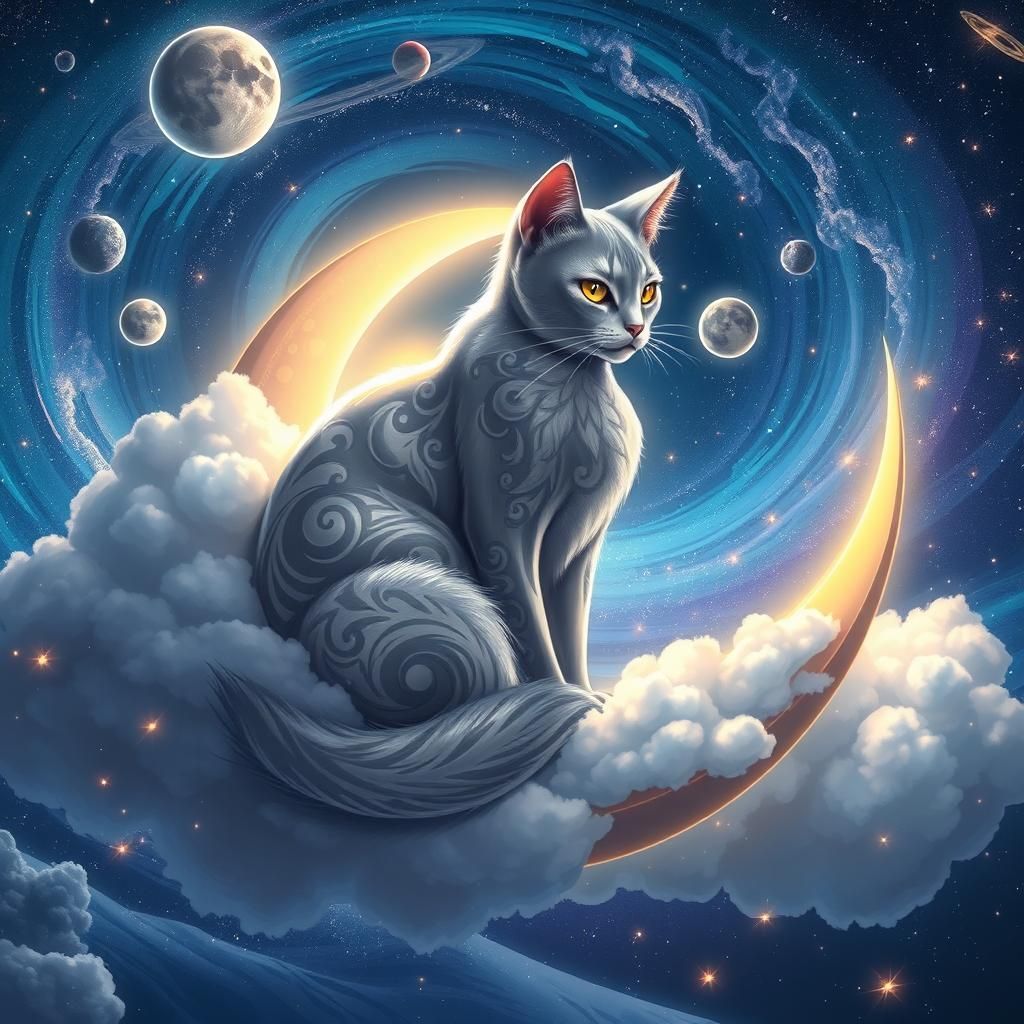Silver Cat on Moon in Anime Style