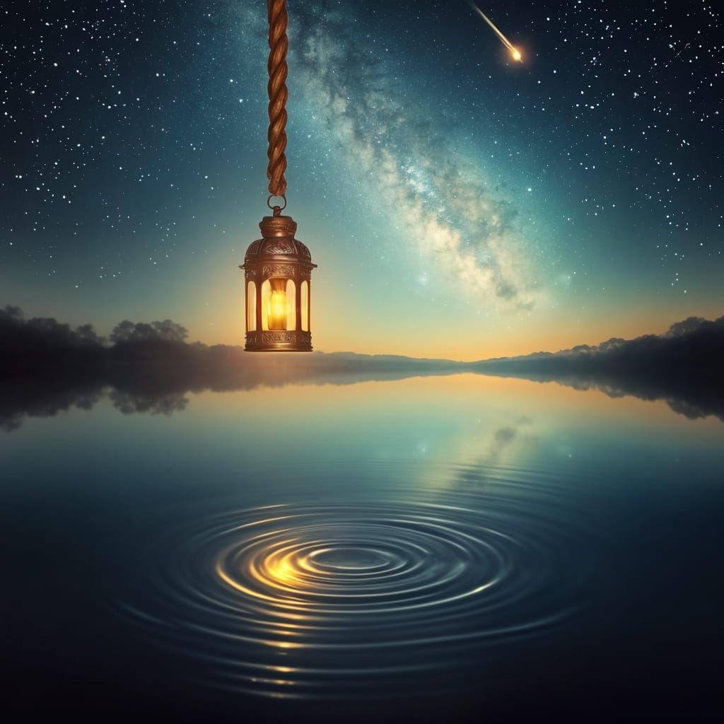 Ornate Lantern Held by Golden Braid Illuminates Starry Pond