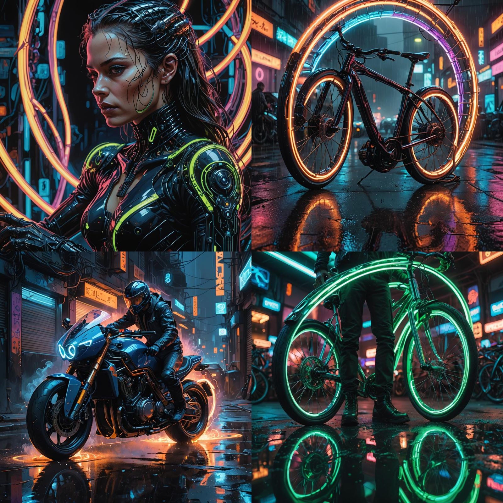 Surreal Cyberpunk Motorcycle Portrait in Neon Style