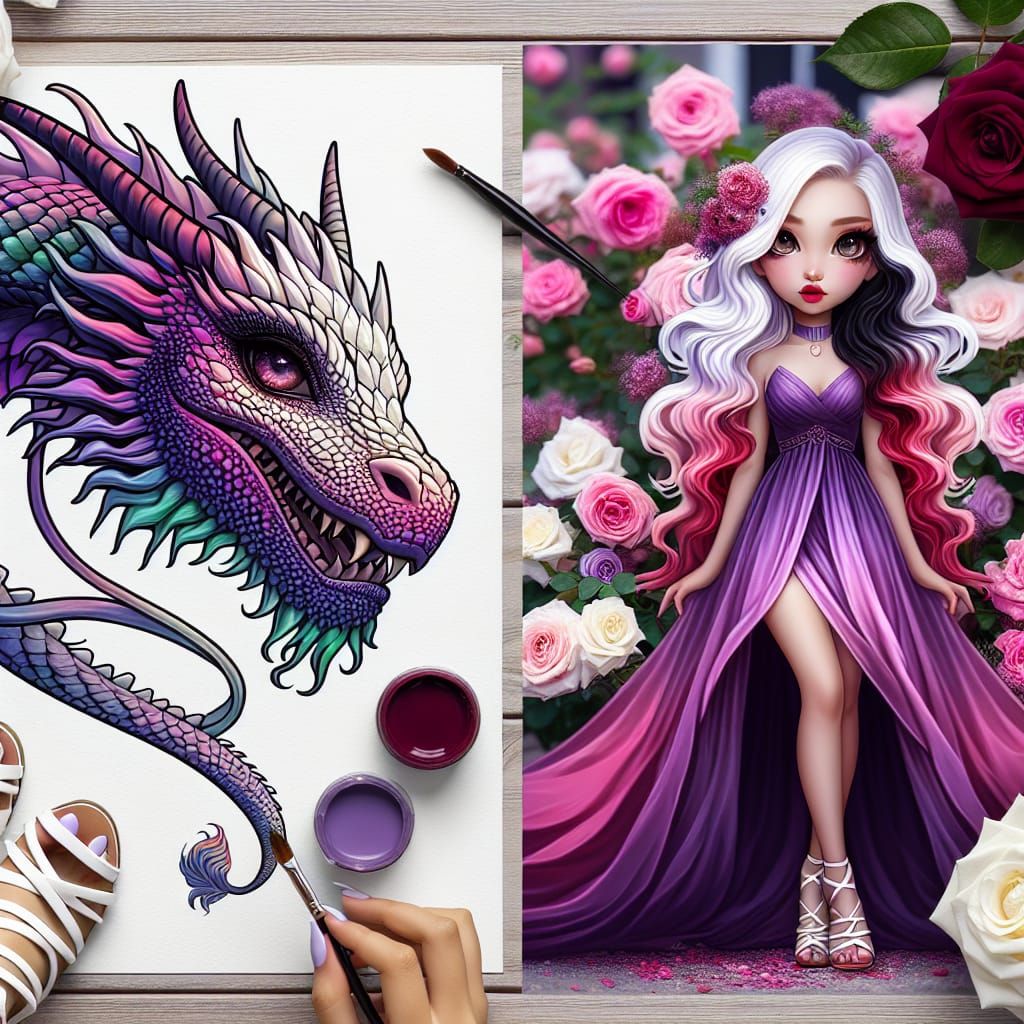 Iridescent Dragon and Cartoon Woman with Roses