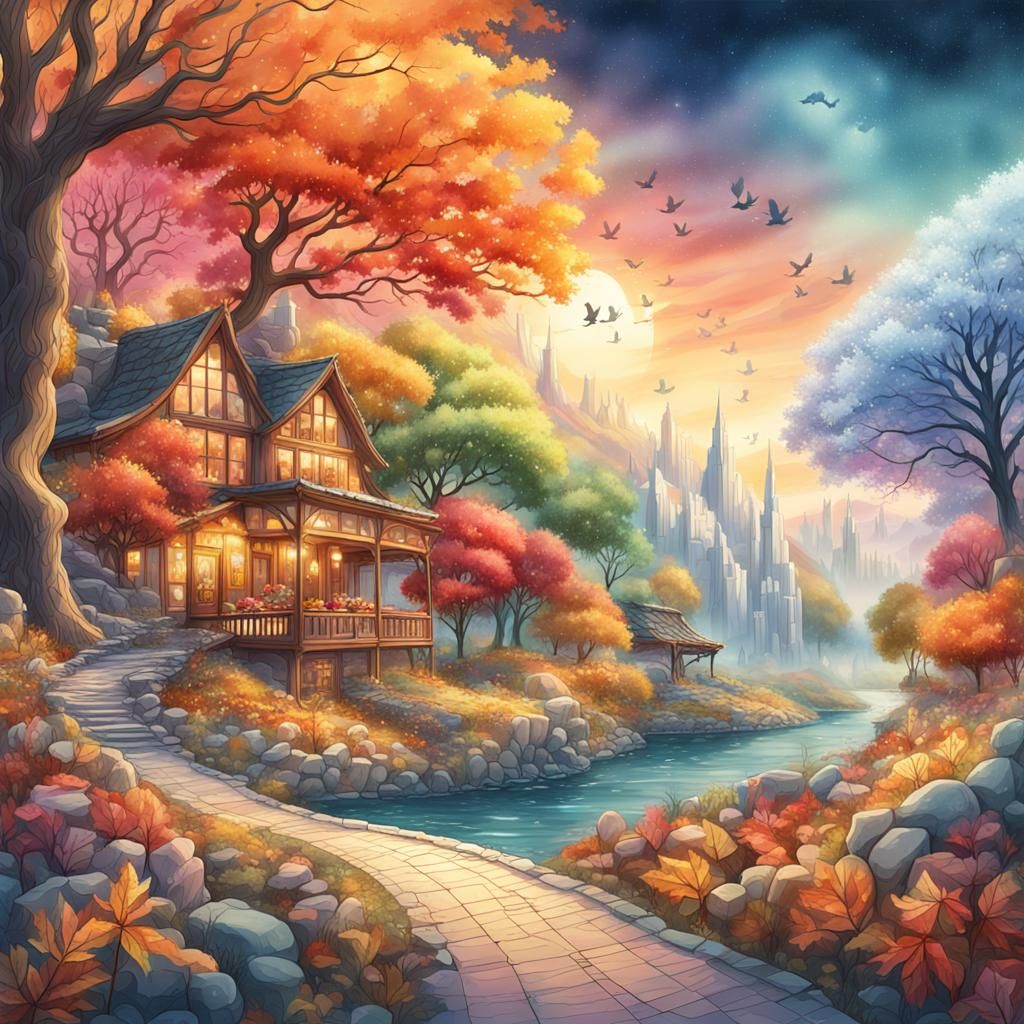 Four Seasons in Fantastical Watercolor World