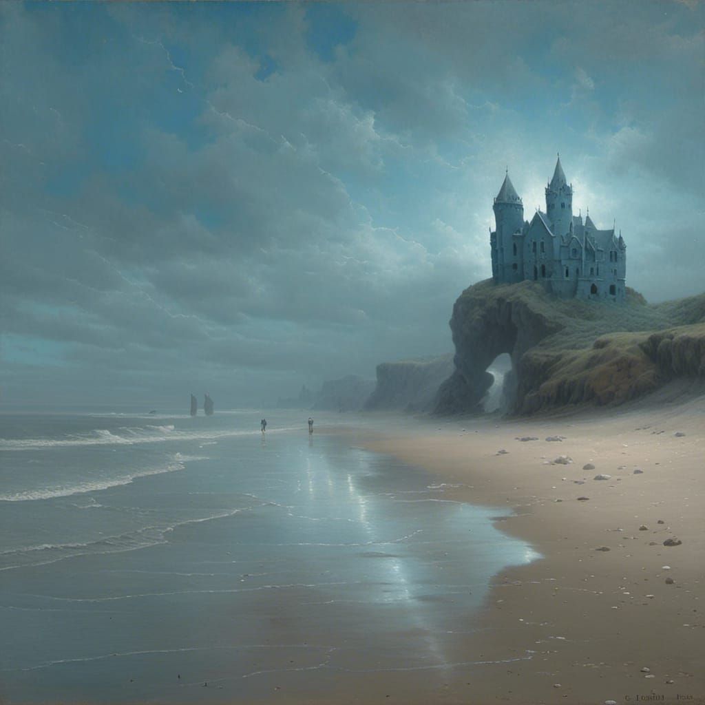 Haunted Beach with Blue Castle and Ethereal Ghosts
