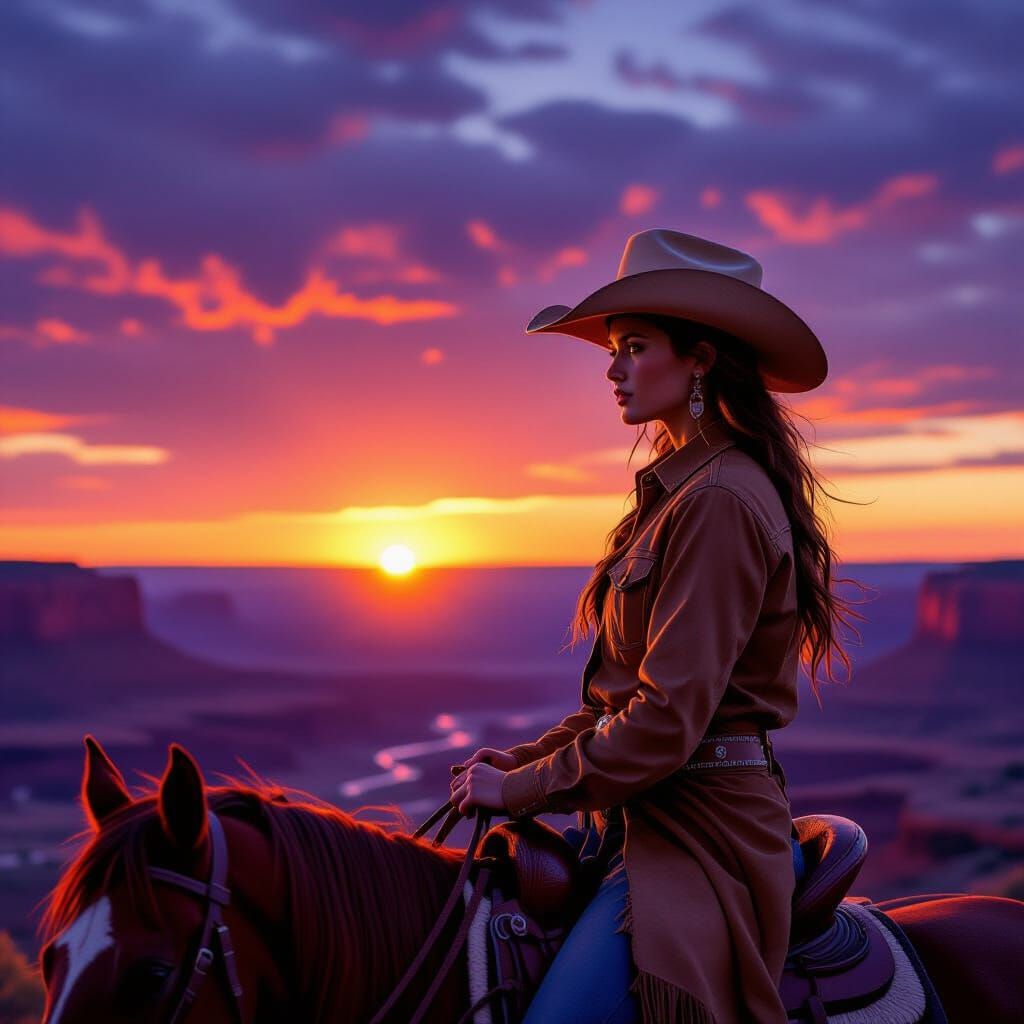 Cowgirl and Horse at Canyon Edge at Sunset