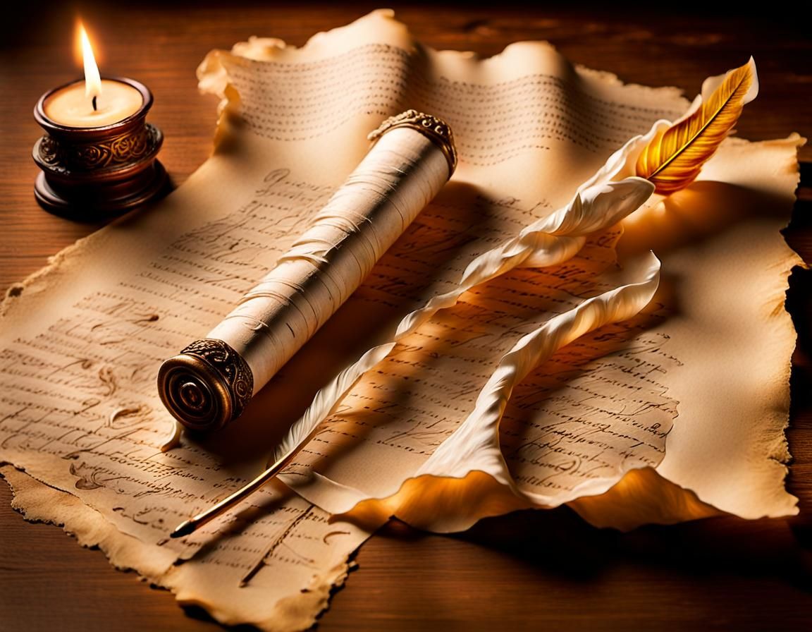 old weathered hand, Calligraphy on old parchment paper, usin...