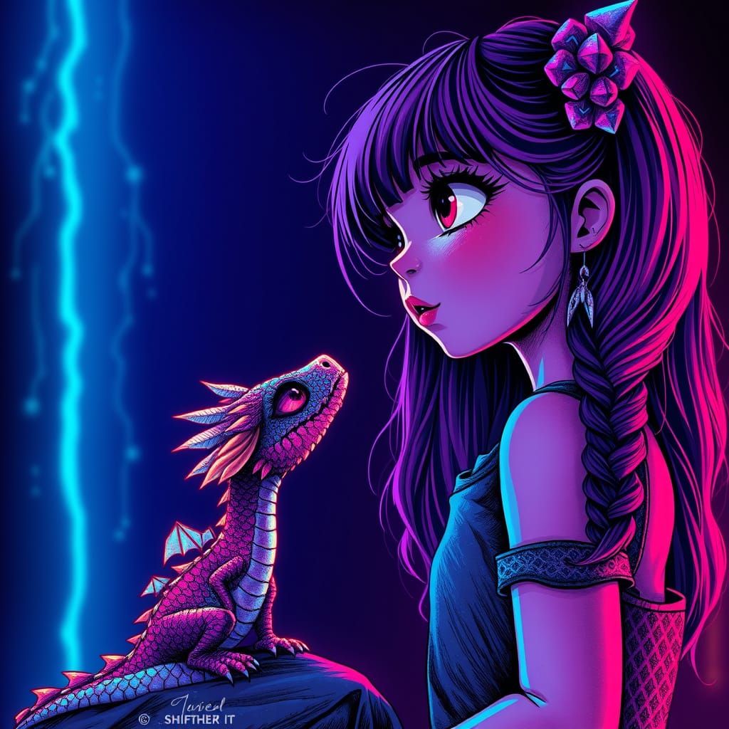 Magical Dragon Looks Up at Giant Girl in Neon Noir Style