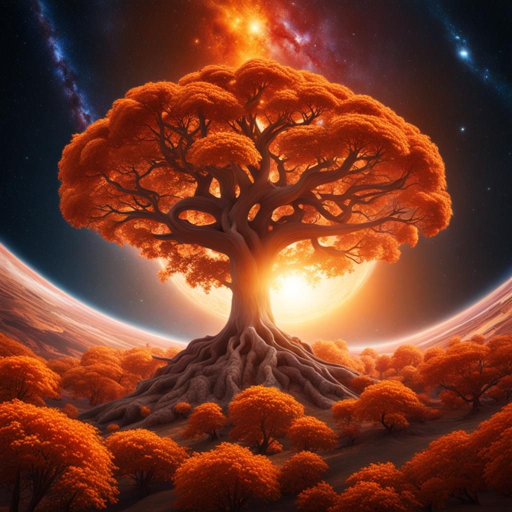Gigantic Orange Galaxy Tree: Surreal Cosmic View
