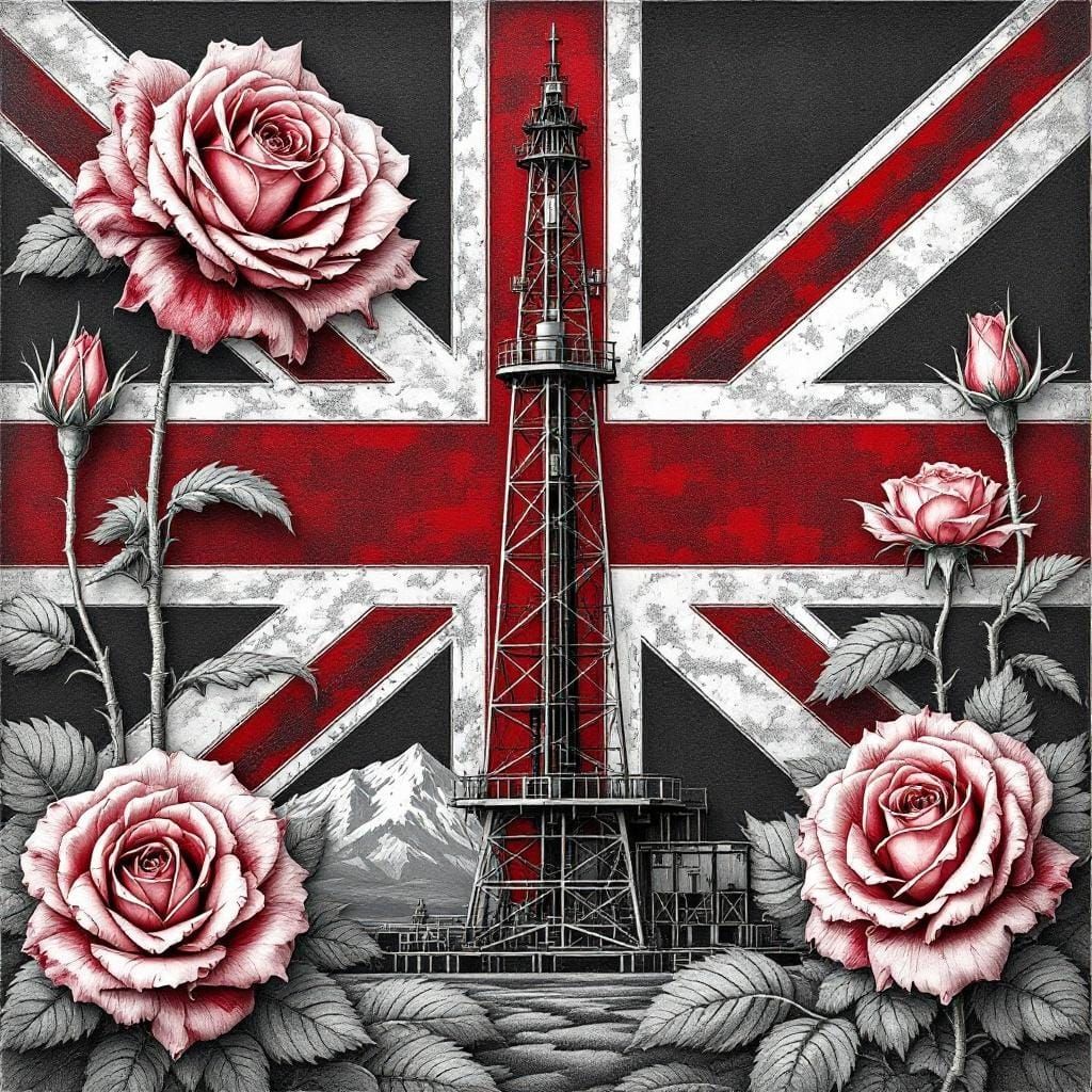 British Columbia Flag with Oil Rig in Engraving Style