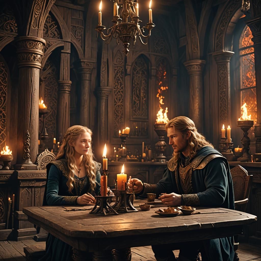 Faramir and Eowyn: Detailed Fantasy Art in Dim Light