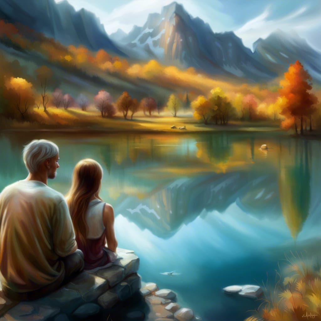 People by Serene Lake in Mystical Landscape