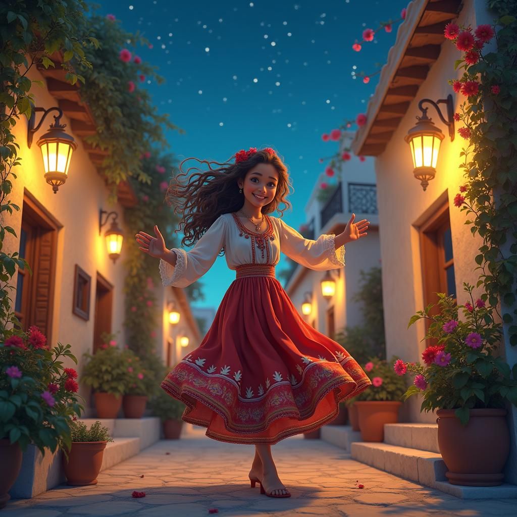 Greek Teenager Dancing in Starry Village Night