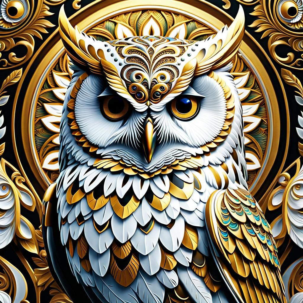 Ornate Gold and White Owl Illustration