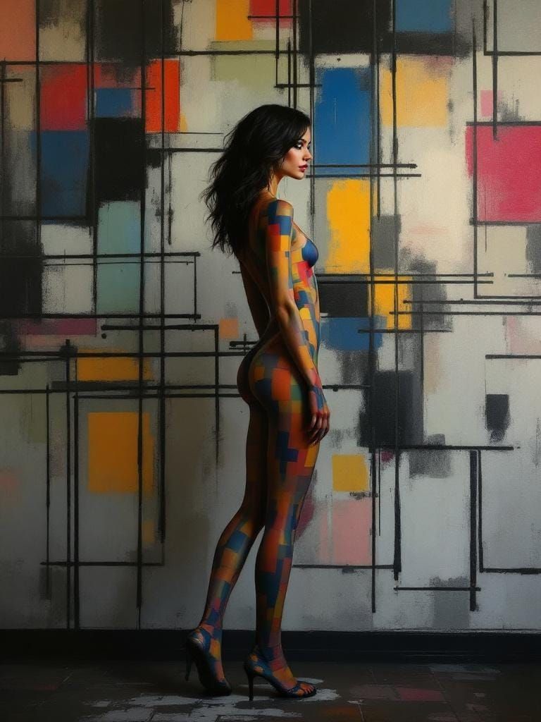 Geometric Illusion: Woman Merging into Art Deco Wall