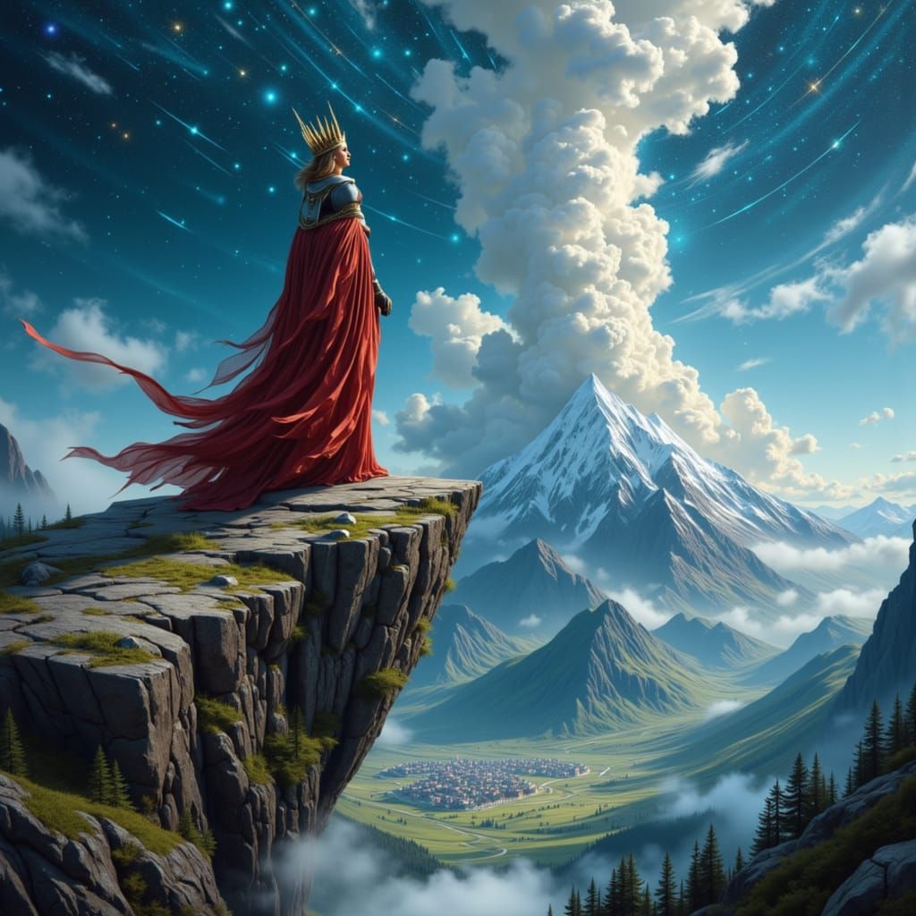 Colossal Queen on Mountain Throne Surveys Miniature Kingdom