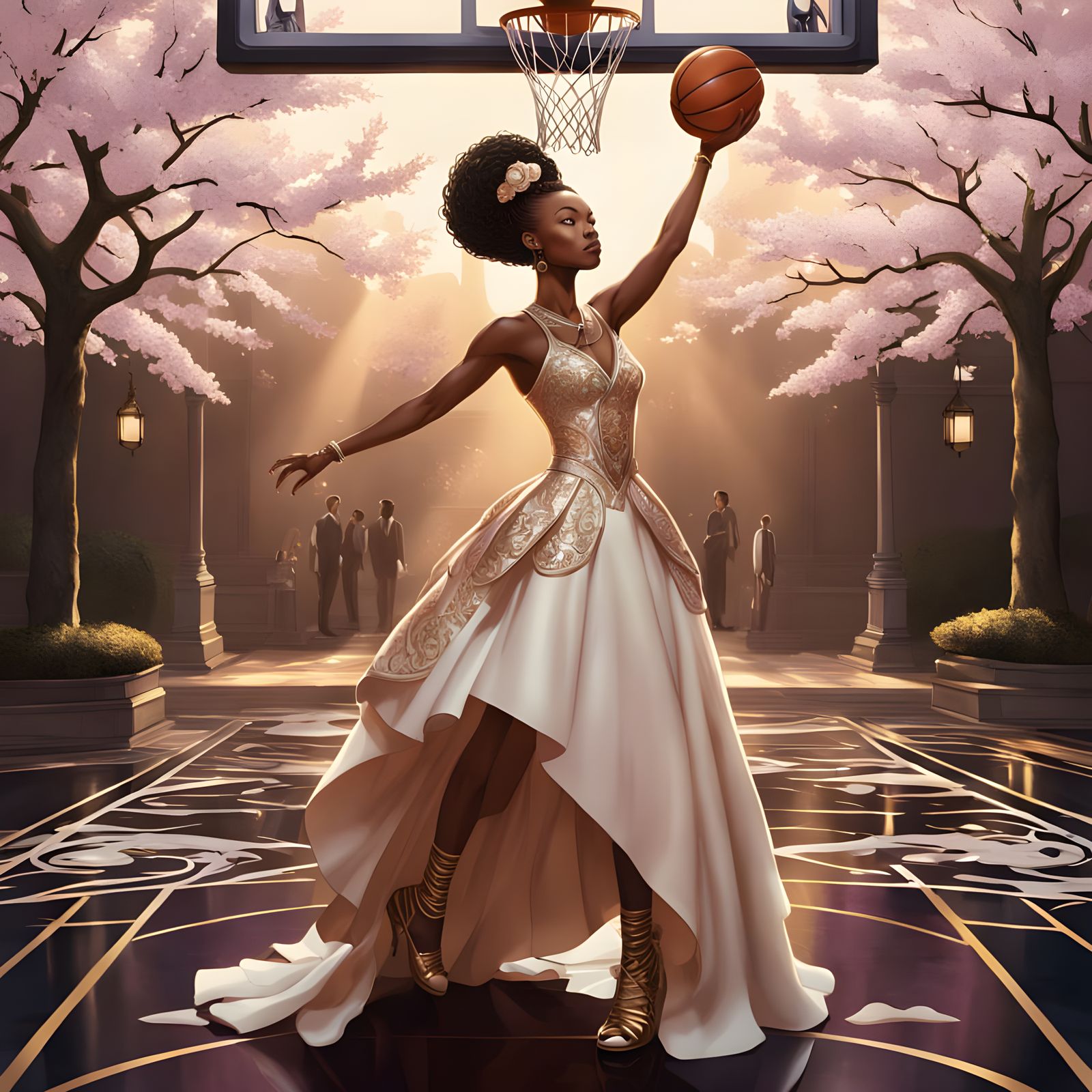 Elegant Woman Dunks on Cherry Blossom Court in Illustrative ...