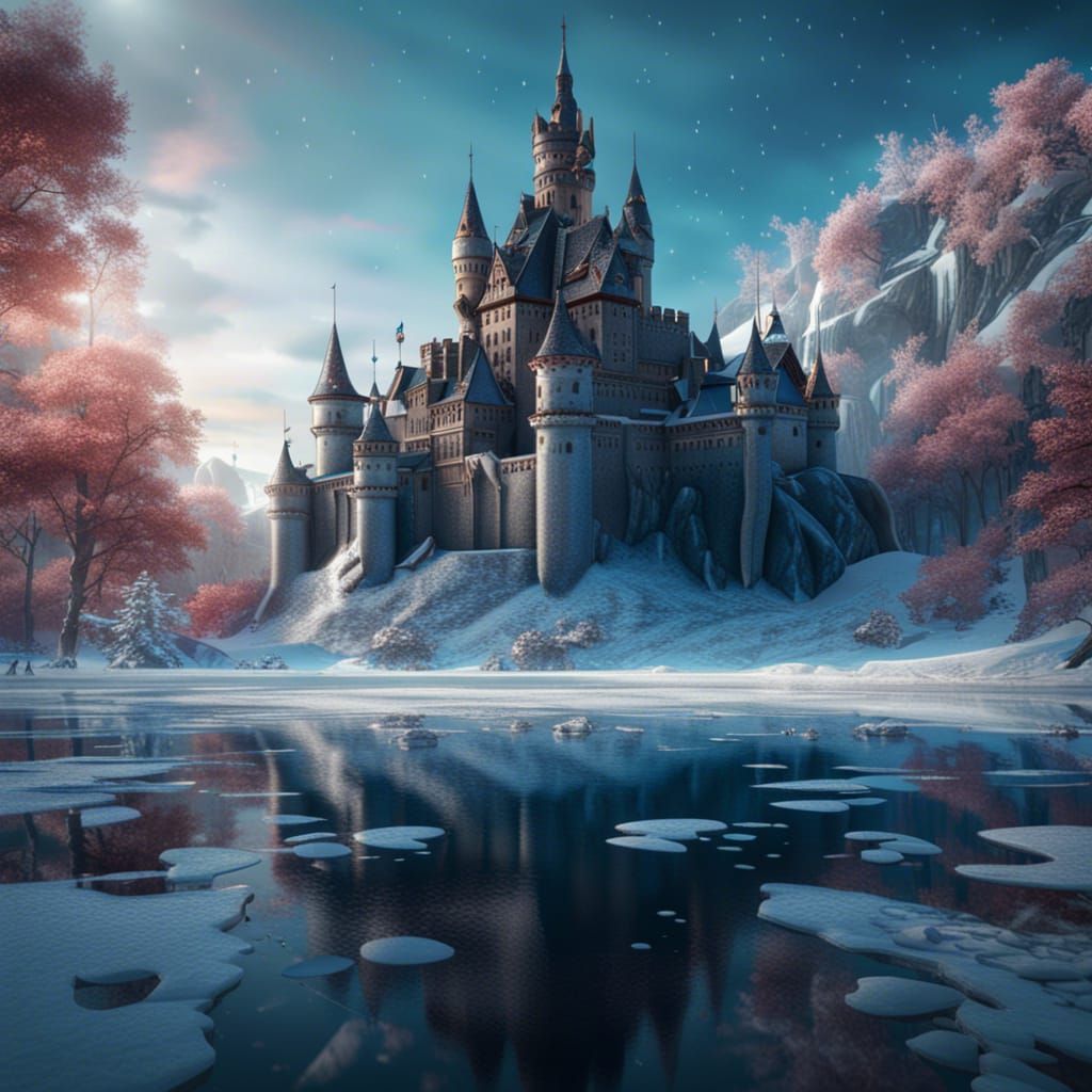 Fantasy Castle on Frozen Lake, Detailed Matte Painting