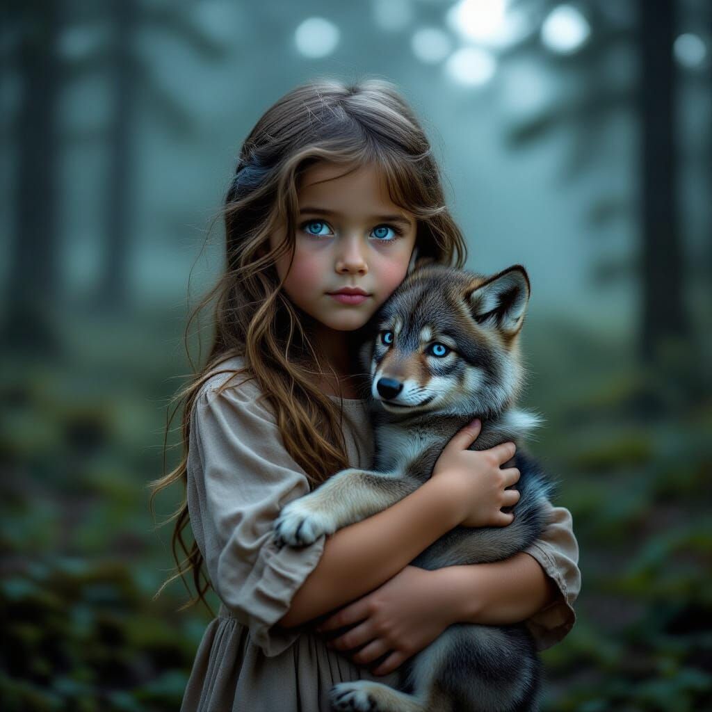 Girl with Wolf Cub in Misty Forest, Cinematic Style