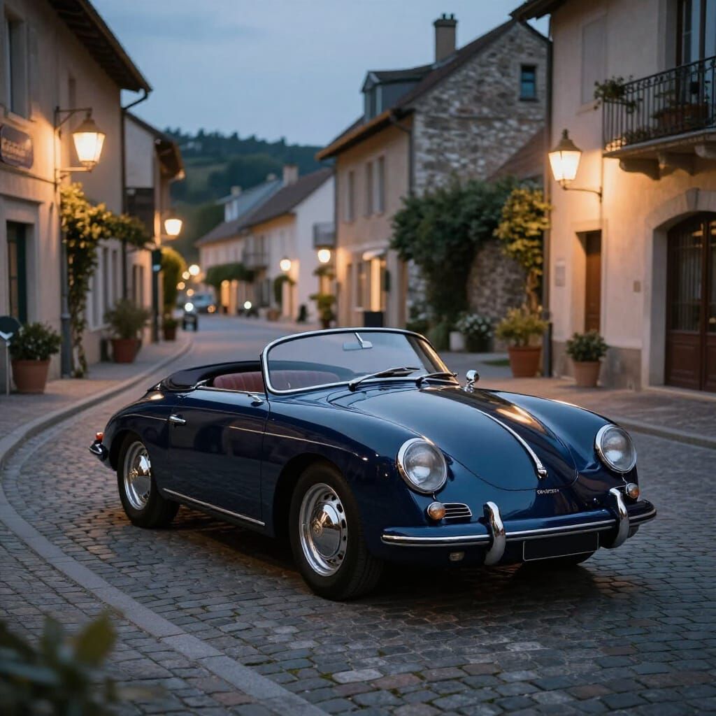 Classic Midnight Blue Porsche 356 Speedster on Cobblestone S...