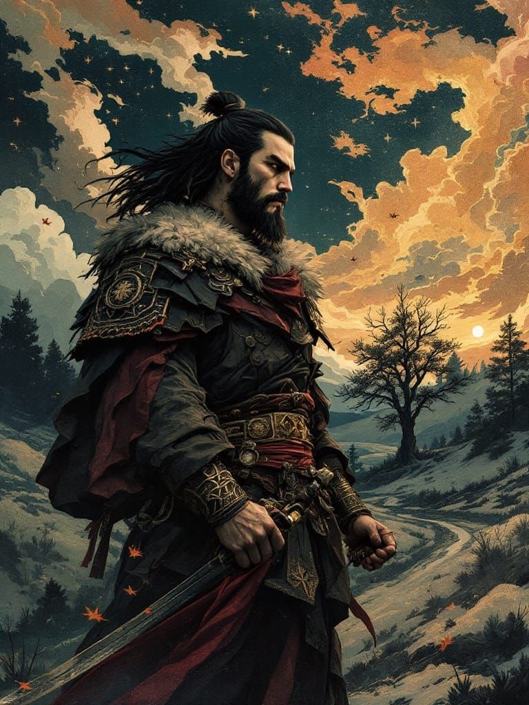 Warrior King Walks Through Dreamy Whimsy Landscape