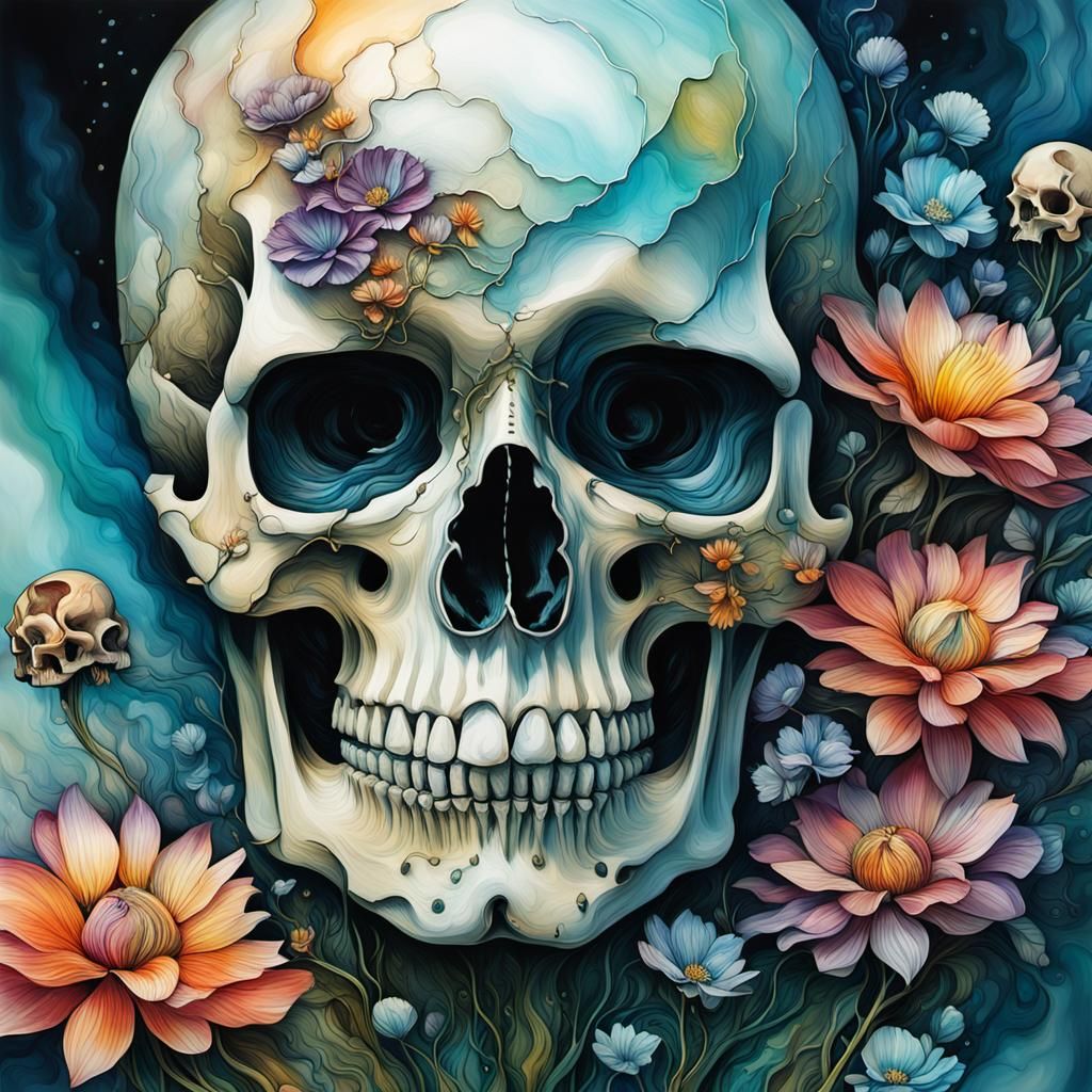 Surreal Alcohol Ink Skull Landscape in Abstract Style