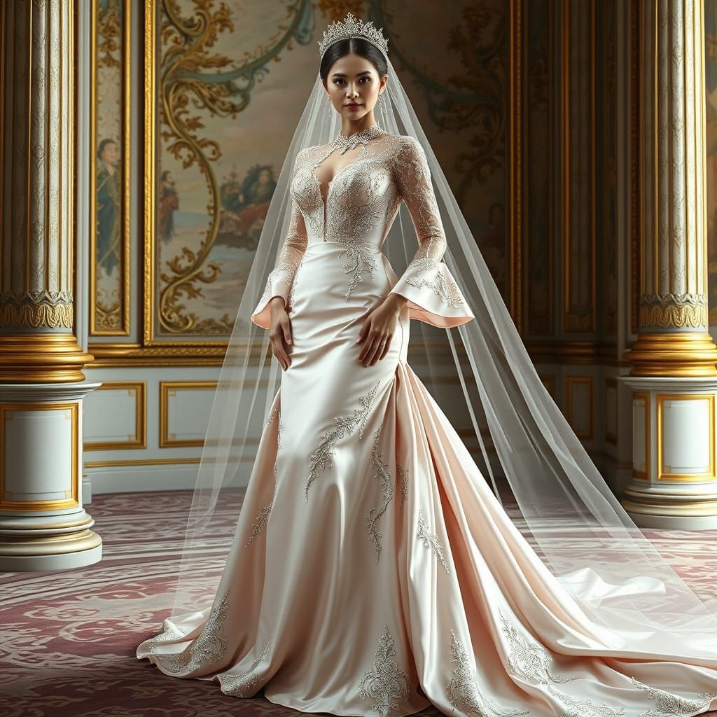 Regal Bride in Breathtaking Champagne Satin Wedding Gown wit...