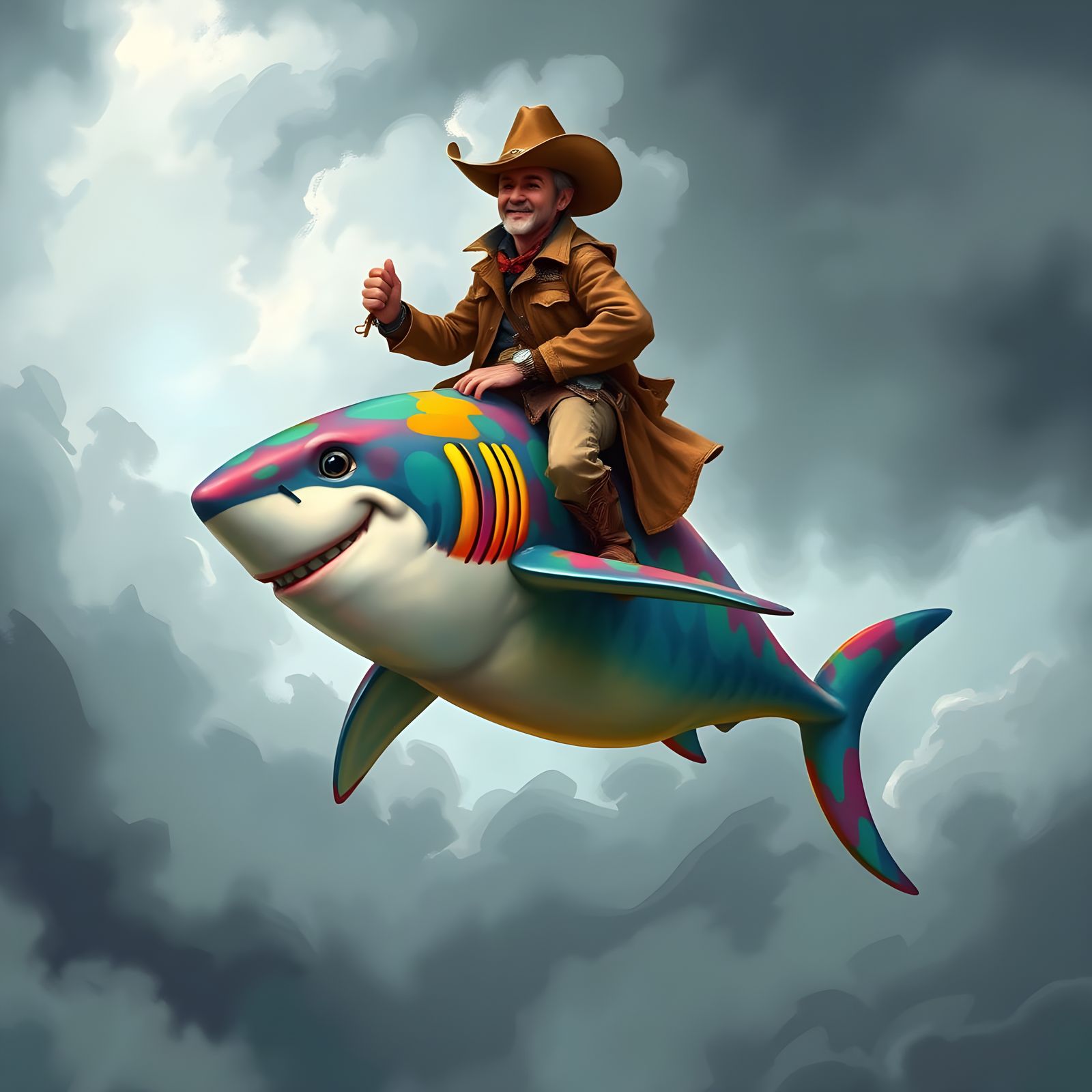 Surreal Cowboy Shark Rides Stormy Skies