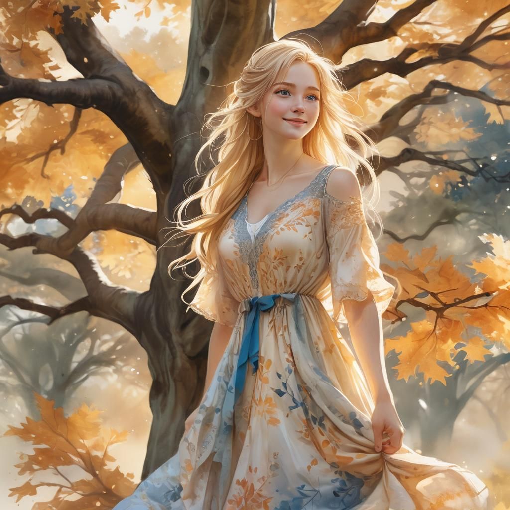 Watercolor Anime Woman Under Oak Tree