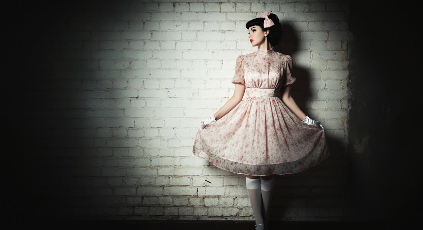 A Woman in 1960s Elegance Against Worn Brick