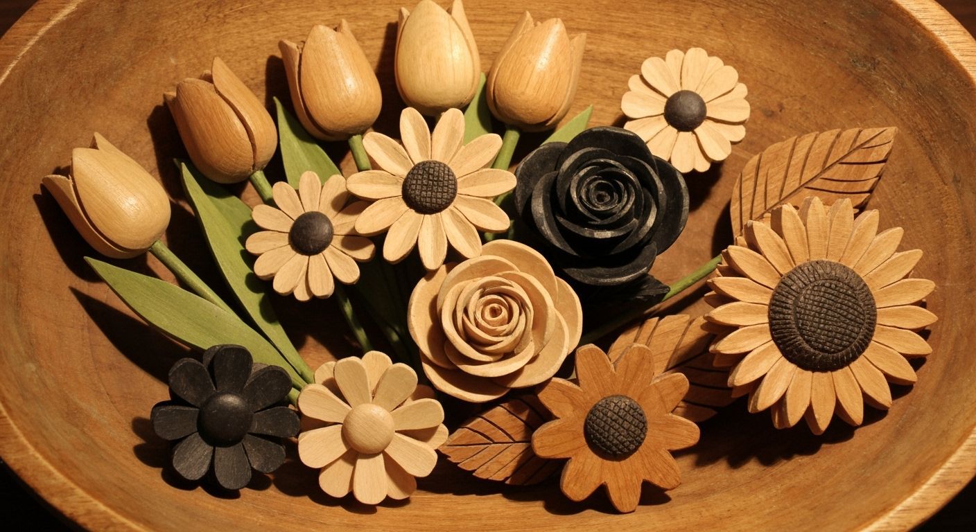 Hand Carved Wooden Flowers in Rustic Bowl