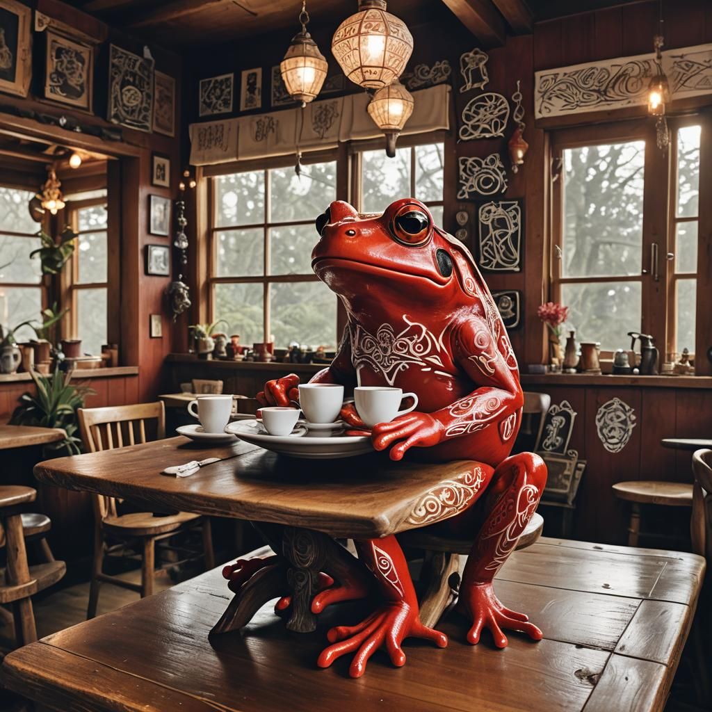 Giant Red Frog Sipping Coffee: A Cinematic Still