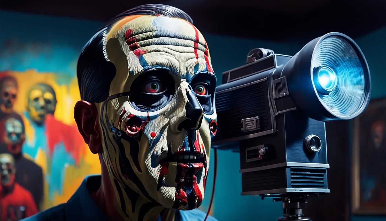 Grotesque Man with Projector Head in Oil Painting Style