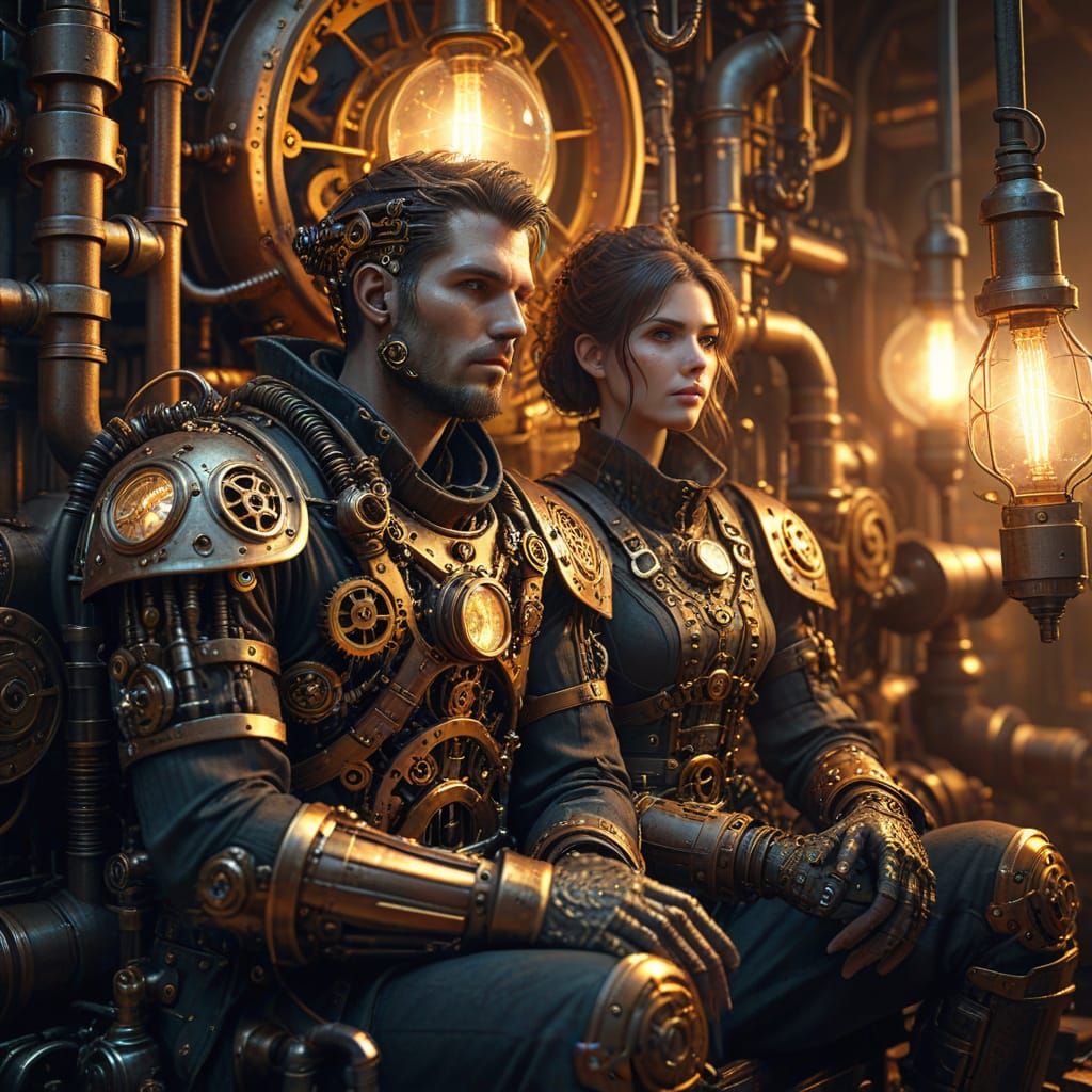 Steampunk Engine Interior: Man Amidst Gears