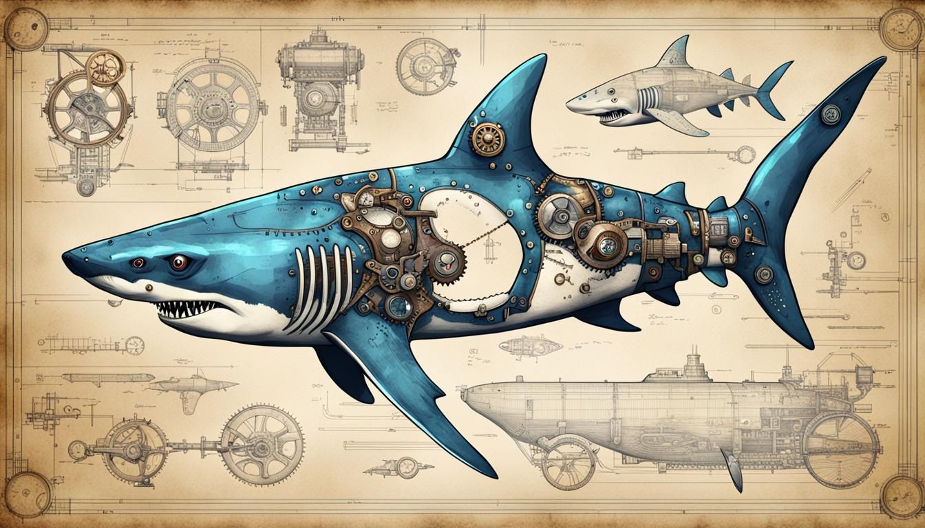 Steampunk Cyborg Shark Blueprint Illustration