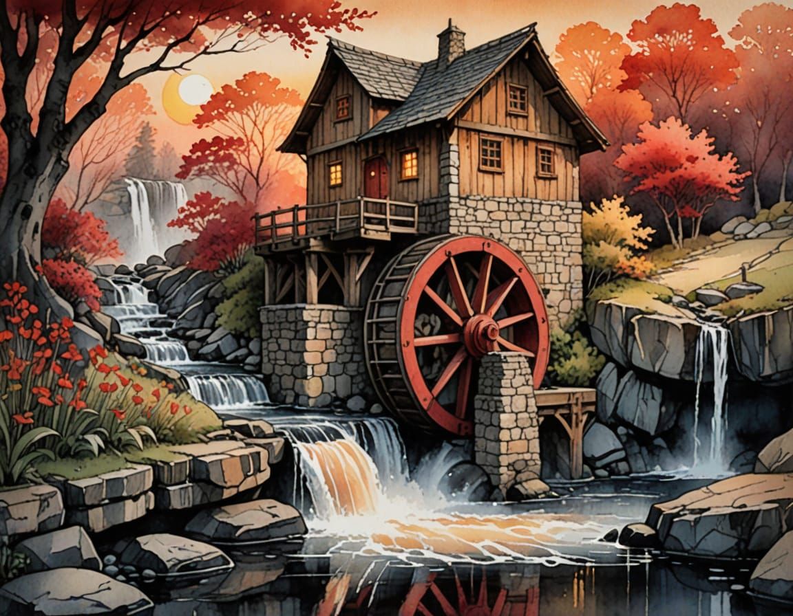 Whimsical Watercolor Watermill Scene
