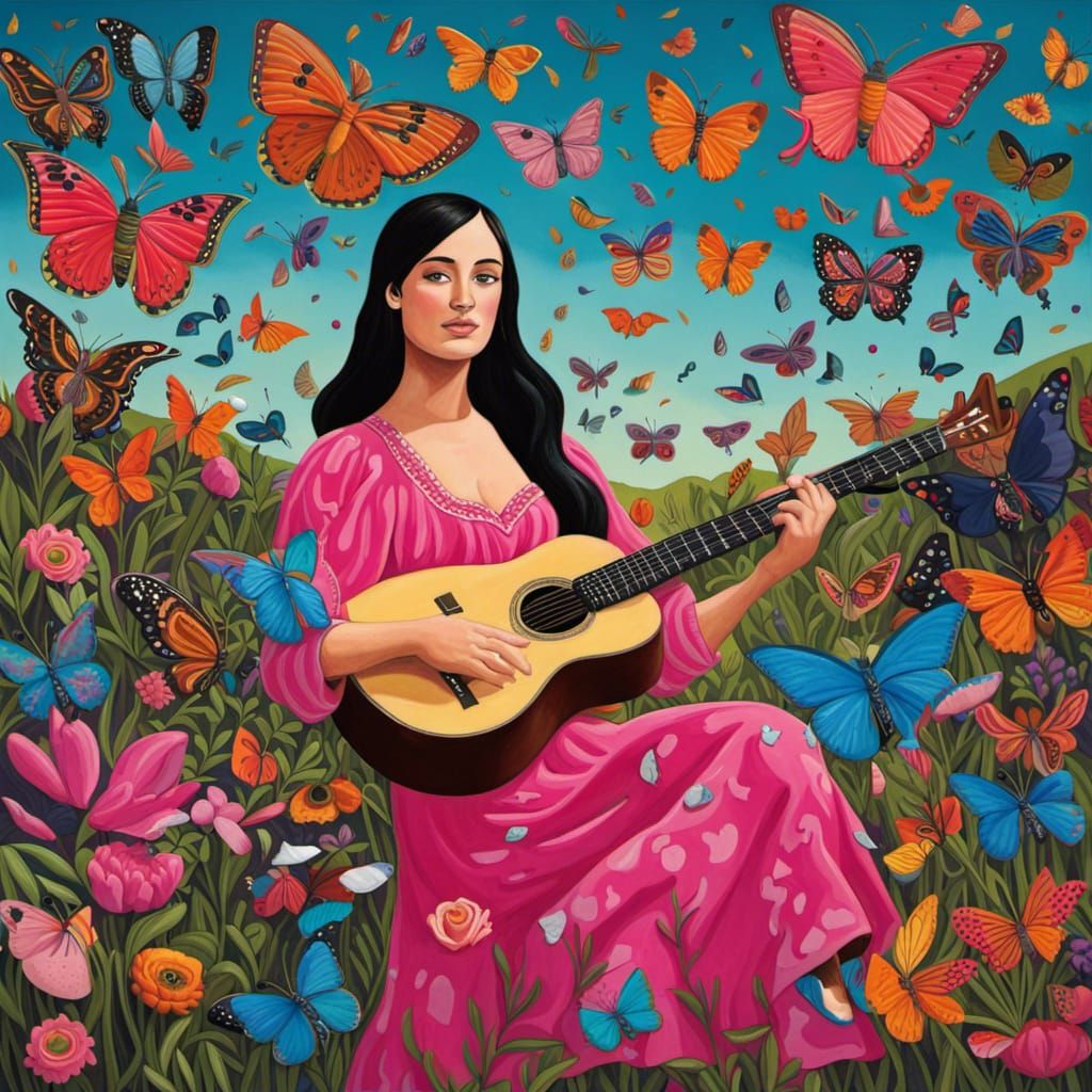 Singer Surrounded by Butterflies in Naive Art Style