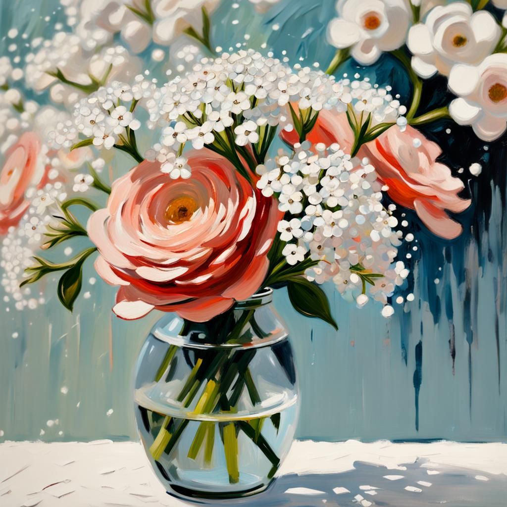 Baby's Breath in Vase: Impasto Palette Knife Painting