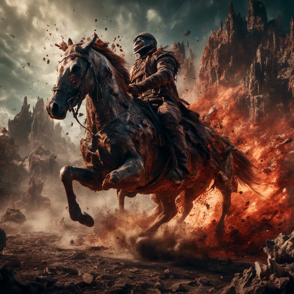 Orc Warrior Escaping Explosion, Macabre Hyperreal Art