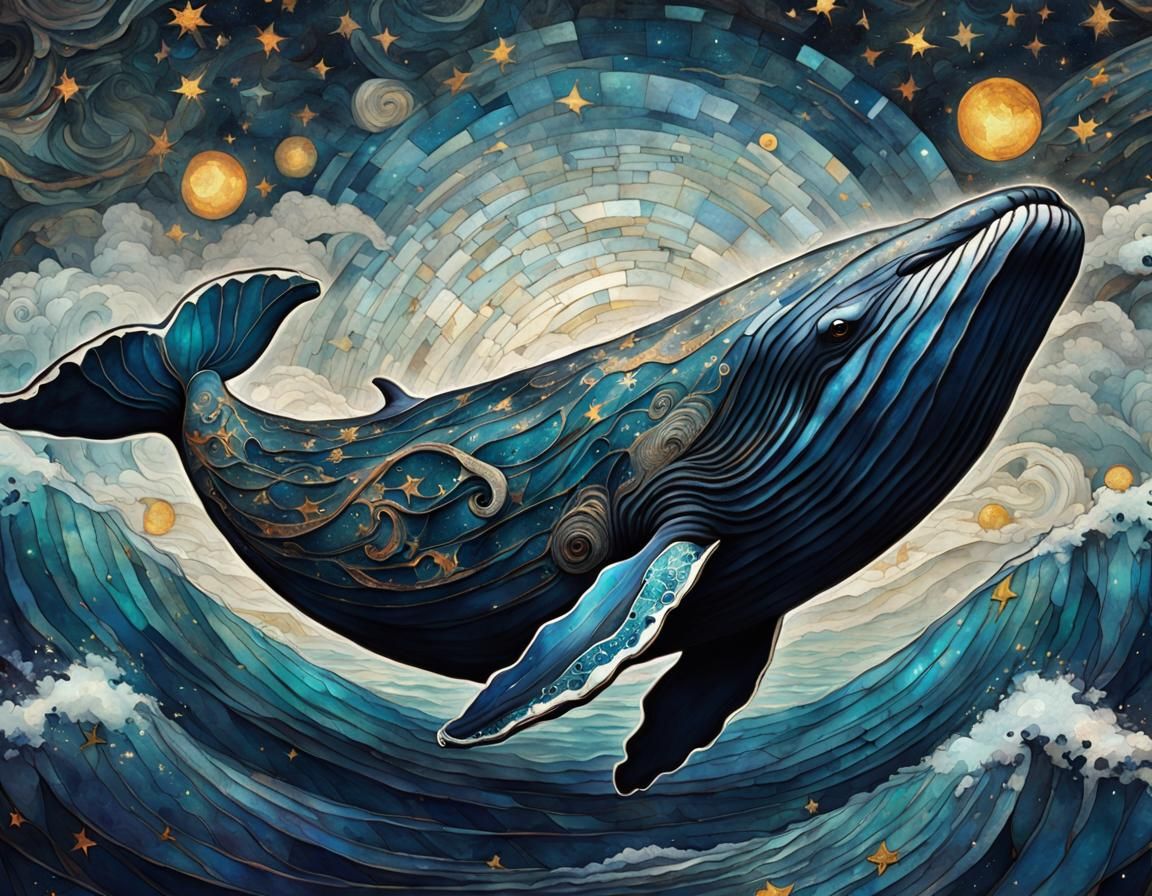 Macabre Whale in Starry Ocean, Fantasy Illustration