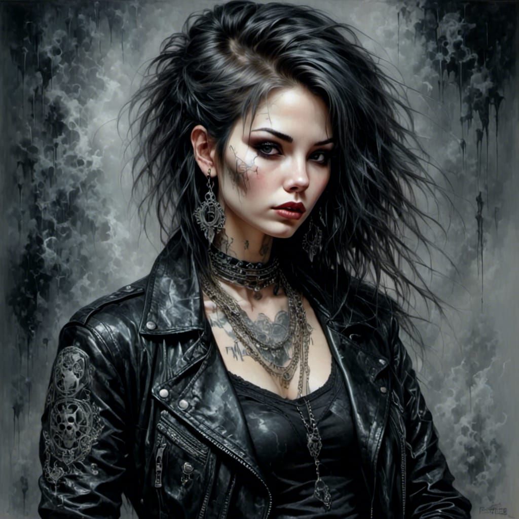 Curvy Metalhead Woman with Spiked Jewelry in Watercolor