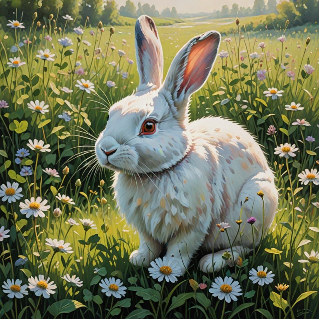 Impressionist Rabbit in Sunlit Wildflower Meadow