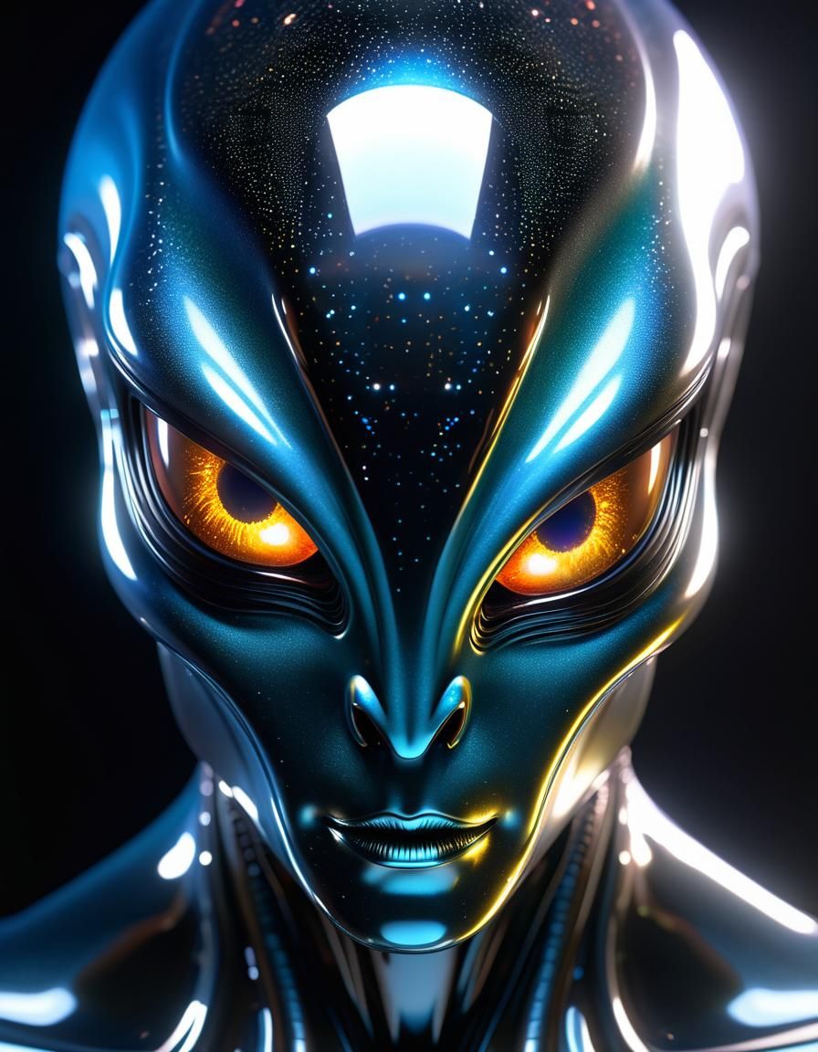 Alien with Glowing Eyes in Liquid Metal Style