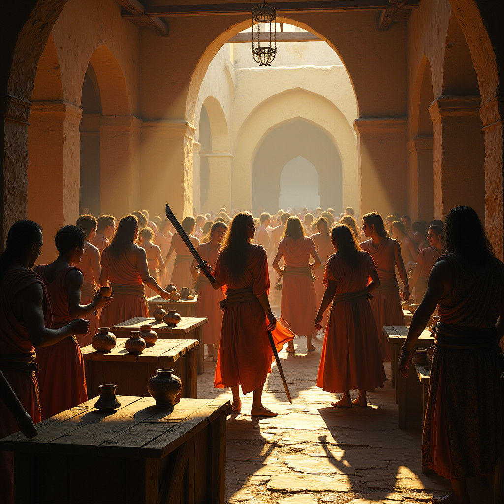 Biblical Tavern Scene with Dancing and Intrigue